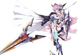 Rule 34 | 1girl, blue eyes, bodysuit, breasts, cleavage, clothing cutout, commentary request, hair ornament, headgear, highres, large breasts, long hair, maria cadenzavna eve, mochi hanpen, navel, navel cutout, pink hair, polearm, senki zesshou symphogear, shield, solo, spear, symphogear pendant, thighhighs, very long hair, weapon, white background