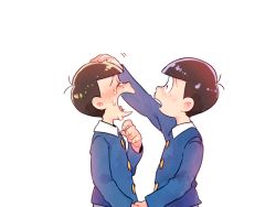Rule 34 | 2boys, bad id, bad twitter id, black hair, bowl cut, brothers, child, crying, headpat, holding hands, lya (16335575), male focus, matching outfits, matsuno ichimatsu, matsuno jyushimatsu, multiple boys, osomatsu-kun, osomatsu (series), profile, purple eyes, siblings, upper body, white background, wing collar