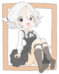 Rule 34 | 1girl, :d, absurdres, black dress, black ribbon, blush stickers, breasts, brown background, collared shirt, commentary request, dress, dress shirt, fang, full body, highres, jashin-chan dropkick, long sleeves, looking at viewer, neck ribbon, no shoes, open mouth, persephone ii, pleated dress, puffy long sleeves, puffy sleeves, purple eyes, ribbon, rururu (pyrk8855), shirt, short twintails, small breasts, smile, socks, soles, solo, twintails, two-tone background, white background, white hair, white shirt