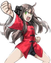 Rule 34 | 1girl, 774 (nanashi), absurdres, ahoge, arima miyako, black bow, black shorts, bow, brown hair, chinese clothes, clenched hands, commentary request, fighting stance, green eyes, hair bow, highres, kung fu, long hair, melty blood, punching, serious, short shorts, shorts, solo, tsukihime