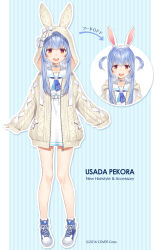 Rule 34 | 1girl, :d, animal ears, animal hood, arrow (symbol), blue footwear, blue hair, character name, choker, collared dress, commentary request, copyright notice, dress, english text, fake animal ears, highres, hololive, hood, hood up, hooded jacket, jacket, long hair, long sleeves, official art, open mouth, puffy long sleeves, puffy sleeves, rabbit ears, rabbit hood, shoes, sleeves past wrists, smile, socks, striped, striped background, two side up, usada pekora, usada pekora (casual), vertical stripes, virtual youtuber, white choker, white dress, white socks, yuuki hagure