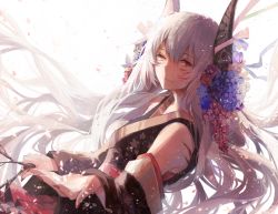 Rule 34 | 1girl, bad id, bad pixiv id, detached sleeves, floating hair, floral print, flower, hair flower, hair ornament, heterochromia, holding, horn ornament, horn ribbon, horns, japanese clothes, kaneblob, light particles, long hair, looking at viewer, nail polish, original, outstretched hand, petals, red eyes, ribbon, silver hair, solo, upper body, very long hair, yellow eyes