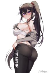Rule 34 | 1girl, absurdres, ass, bare shoulders, black hair, black pants, breasts, counter:side, cowboy shot, crop top, earphones, from behind, grey jacket, highres, jacket, large breasts, long hair, long sleeves, looking at viewer, looking back, maett, midriff, off shoulder, open clothes, open jacket, pants, pantylines, parted lips, ponytail, purple eyes, sidelocks, simple background, skindentation, sleeveless, solo, spaghetti strap, sports bra, standing, sweat, very long hair, white background, yoga pants, yoo mina