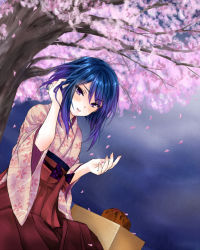Rule 34 | 1girl, blue hair, blush, cherry blossoms, everythinghoney, girlfriend (kari), hibara eiko, japanese clothes, looking at viewer, miyatomo (hibaraya), solo