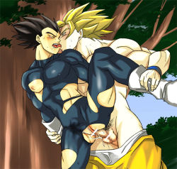 Rule 34 | 2boys, abs, anal, ankle grab, bara, black hair, blonde hair, blue bodysuit, bodysuit, boots, briefs, bulge, clothes pull, dragon ball, dragonball z, erection, erection under clothes, eye contact, french kiss, gacharunta, gloves, green eyes, kiss, large pectorals, leg up, looking at another, male focus, male penetrated, male underwear, multiple boys, muscular, muscular male, navel, nipples, open mouth, orange pants, pants, pants pull, pectorals, penis, saiyan, saliva, saliva trail, sex, sex from behind, short hair, spiked hair, super saiyan, super saiyan 1, thick thighs, thighs, tongue, tongue out, torn bodysuit, torn clothes, underwear, white gloves, white male underwear, wristband, yaoi