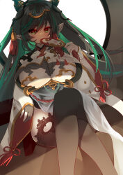 Rule 34 | 1girl, absurdres, black gloves, black hair, black thighhighs, blush, breast cutout, breasts, cleavage, cleavage cutout, clothing cutout, colored inner hair, crossed legs, detached sleeves, dragon girl, dragon horns, draph, dress, fingerless gloves, gloves, gradient hair, granblue fantasy, green eyes, green hair, hair ornament, highres, horn ornament, horns, large breasts, leotard, long hair, looking at viewer, mole, mole under mouth, multicolored eyes, multicolored hair, navel, payila (granblue fantasy), pelvic curtain, pointy ears, red eyes, round window, sana27022934, see-through, see-through dress, sitting, solo, stomach cutout, tassel, tassel hair ornament, thighhighs, thighs, tuanshan, two-tone eyes, two-tone hair, very long hair, white gloves, window