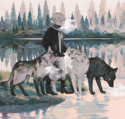 Rule 34 | 1boy, black coat, black footwear, blue eyes, boots, breath, closed mouth, coat, cold, commentary, english commentary, from side, full body, grass, highres, lake, original, pale skin, pine tree, reflection, reflective water, scarf, short hair, solo, standing, tono (rt0no), tree, white hair, white wolf, winter, winter clothes, winter coat, wolf