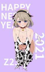 Rule 34 | 1girl, 2021, absurdres, alternate costume, animal ears, animal print, azur lane, bell, bikini, breasts, character name, choker, cleavage, cow ears, cow girl, cow horns, cow print, cow print bikini, cow tail, cowbell, elbow gloves, fake animal ears, fake horns, full body, gloves, happy new year, highres, horns, large breasts, macaroni (dontakadx), medium hair, neck bell, new year, print bikini, purple eyes, skindentation, solo, swimsuit, tail, thighhighs, z23 (azur lane)