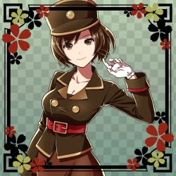 Rule 34 | 1925 (vocaloid), 1girl, belt, breasts, brown eyes, brown hair, buttons, checkered background, cleavage, earrings, eyelashes, flower, framed, gloves, hat, highres, hoop earrings, jacket, jewelry, kirita asami, large breasts, lips, long sleeves, looking at viewer, meiko (vocaloid), patterned, project diva (series), short hair, skirt, smile, solo, uniform, vocaloid, waistcoat