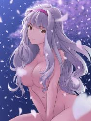 Rule 34 | 1girl, blurry, breasts, cherry blossoms, collarbone, convenient censoring, depth of field, hair censor, hairband, highres, idolmaster, idolmaster (classic), large breasts, long hair, looking at viewer, night, nude, petals, red eyes, shijou takane, silver hair, sitting, smile, solo, tsukiyo umi, v arms
