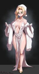 Rule 34 | 1boy, absurdres, aestheticc-meme, breasts, cleavage, closed mouth, dress, earrings, forehead, full body, glasses, gloves, glynda goodwitch, gold footwear, green eyes, hat, high heels, highres, jewelry, large breasts, lips, long hair, looking at viewer, necklace, pearl necklace, plunging neckline, ponytail, rwby, santa hat, scarf, shirt, simple background, solo, standing, white dress, white gloves, white scarf, white shirt