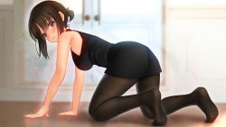 Rule 34 | 1girl, all fours, black hair, blush, breasts, douki-chan (douki-chan), feet, female focus, fingernails, full body, ganbare douki-chan, looking at viewer, on floor, pantyhose, smile, soles, solo
