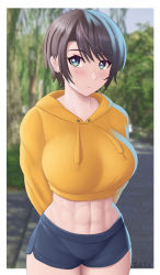 Rule 34 | 1girl, abs, absurdres, arms behind back, artist name, black hair, blue eyes, blush, breasts, crop top, highres, hololive, hood, hoodie, large breasts, looking to the side, midriff, muscular, muscular female, navel, oozora subaru, outdoors, short hair, short shorts, shorts, sky, solo, stomach, thighs, toned, tree, virtual youtuber, yellow hoodie, zask