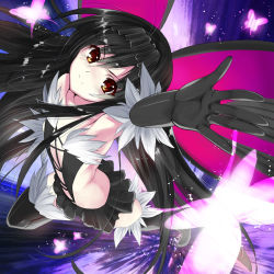 Rule 34 | 10s, 1girl, accel world, black hair, black thighhighs, boots, bug, butterfly, elbow gloves, flat chest, gloves, hairband, insect, kuroyukihime, long hair, metallican, orange eyes, solo, thigh boots, thighhighs, wings