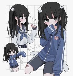 Rule 34 | 1girl, black eyes, black hair, black sailor collar, black shorts, black skirt, blue jacket, blue neckerchief, blush, clothes in mouth, dot nose, grid background, gym shorts, half updo, heart, highres, jacket, kanikan, kneehighs, long hair, looking at viewer, mouth hold, multiple views, name tag, neckerchief, no shoes, original, pleated skirt, sailor collar, shirt, shorts, sidelocks, simple background, sitting, skirt, sleeve cuffs, sleeves past fingers, sleeves past wrists, socks, striped clothes, striped jacket, track jacket, twitter username, wariza, white background, white shirt, white socks
