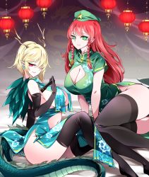 Rule 34 | absurdres, antlers, blonde hair, braid, breasts, chinese clothes, chinese lantern (plant), cleavage, cleavage cutout, clothing cutout, dragon girl, dragon horns, dragon tail, green eyes, green headwear, highres, hong meiling, horns, kicchou yachie, large breasts, long hair, raptor7, red hair, short hair, tail, touhou, turtle shell, twin braids
