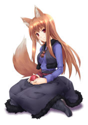 Rule 34 | 00s, 1girl, animal ears, apple, brown hair, food, fruit, holding, holding food, holding fruit, holo, long hair, minamino kanata, red eyes, solo, spice and wolf, tail, wolf ears, wolf tail
