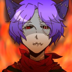 Rule 34 | androgynous, animal ears, black eyes, cat ears, fire, gender request, gregory horror show, neko zombie, purple hair, red eyes, solo, stitches