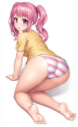 Rule 34 | 1girl, :o, all fours, ass, bang dream!, bare legs, barefoot, blouse, blush, breasts, cameltoe, feet, full body, lambda (kusowarota), long hair, maruyama aya, medium breasts, open mouth, panties, pink eyes, pink hair, pink panties, polka dot, polka dot shirt, shirt, short sleeves, sidelocks, simple background, soles, solo, striped clothes, striped panties, symbol-shaped pupils, toes, twintails, underwear, white background, yellow shirt