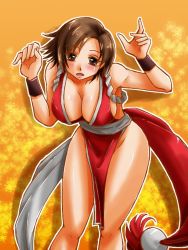 Rule 34 | 1girl, blush, breasts, brown eyes, brown hair, cleavage, cosplay, female focus, japanese clothes, kazama asuka, large breasts, leaning forward, no panties, pelvic curtain, revealing clothes, rope, shimenawa, shiranui mai, shiranui mai (cosplay), short hair, solo, suzuki (almondcake), tekken, the king of fighters