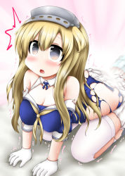 Rule 34 | 1girl, all fours, anal, anal fisting, blonde hair, blue shirt, breasts, cleavage, commentary request, double bun, fisting, fletcher (kancolle), gloves, hair bun, hairband, kantai collection, large breasts, long hair, neckerchief, off shoulder, ouno (nounai disintegration), pleated skirt, purple eyes, sailor collar, school uniform, shirt, skirt, solo, sweat, thighhighs, torn clothes, torn legwear, torn shirt, torn skirt, torn thighhighs, white gloves, white sailor collar, white skirt, white thighhighs, yellow neckerchief