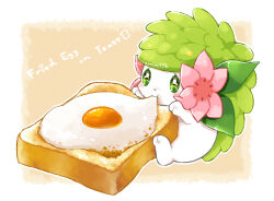 Rule 34 | aimi (aimia492), artist name, blush, border, bread slice, brown background, commentary request, creatures (company), eating, egg (food), flower, food, food in mouth, food name, fried egg, fried egg on toast, full body, game freak, gen 4 pokemon, green eyes, legendary pokemon, mythical pokemon, nintendo, no humans, outside border, pink flower, pokemon, pokemon (creature), shaymin, shaymin (land), simple background, sitting, solo, toast, twitter username, white border