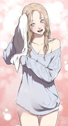Rule 34 | 1girl, blonde hair, blush, grey shirt, hands up, highres, hoarding in hell, long hair, looking to the side, naked shirt, open mouth, pink background, shirt, solo, towel, very long hair, yellow eyes, you min (hoarding in hell)