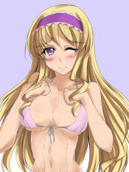 Rule 34 | 10s, 1girl, bikini, bikini top only, blonde hair, blush, breasts, cecilia alcott, cleavage, front-tie top, gakky, hairband, infinite stratos, large breasts, long hair, navel, one eye closed, purple eyes, smile, swimsuit, wet, wink