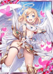 Rule 34 | 1girl, :d, akkijin, angel, angel wings, arrow (projectile), blonde hair, blue eyes, bow (weapon), breasts, flying, gluteal fold, hair ornament, halo, heart, holding, holding bow (weapon), holding weapon, medium breasts, official art, open mouth, shinkai no valkyrie, sky, smile, stomach, weapon, wings