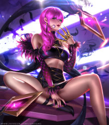 Rule 34 | 1girl, bad id, bad tumblr id, bare shoulders, breasts, claws, detached sleeves, earrings, evelynn (league of legends), feather trim, halterneck, halterneck, high heels, idol, jewelry, k/da (league of legends), k/da evelynn, league of legends, liang xing, lips, lipstick, long hair, looking at viewer, makeup, medium breasts, microphone, midriff, nail polish, necklace, parted lips, purple eyes, purple hair, sitting, solo