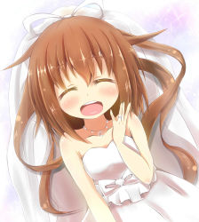 Rule 34 | 10s, 1girl, blush, bow, brown hair, closed eyes, crescent, dress, fumizuki (kancolle), hair bow, highres, jewelry, kantai collection, kapu (tetete8901), long hair, necklace, open mouth, personification, ponytail, ring, smile, veil, wedding band, wedding dress, wedding ring