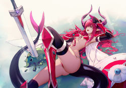 Rule 34 | 1girl, arm up, armor, bad id, bad pixiv id, bikini, bikini armor, black gloves, black thighhighs, blue eyes, bracer, cape, elbow gloves, elizabeth bathory (brave) (fate), elizabeth bathory (fate), fate/grand order, fate (series), gloves, hair between eyes, highres, hip focus, horns, knee up, long hair, lying, navel, on back, open mouth, pauldrons, pink bikini, planted, planted sword, planted weapon, pointy ears, purple hair, red armor, shield, shoulder armor, sidelocks, solo, swimsuit, sword, tail, teeth, thighhighs, thighs, tsurime, very long hair, wanke, weapon