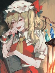 Rule 34 | 1girl, :d, absurdres, ascot, blonde hair, book, flandre scarlet, half-closed eyes, hat, highres, looking to the side, mob cap, nail polish, open book, open mouth, red eyes, red nails, red vest, short sleeves, smile, solo, tearing up, touhou, vest, white hat, wings, yanfei u, yellow ascot