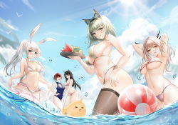 Rule 34 | 5girls, absurdres, amiya (arknights), animal ears, arknights, armpits, arms behind head, ball, bikini, black hair, black hairband, black legwear, blonde hair, blue sky, blue one-piece swimsuit, blush, breasts, cat ears, cleavage, closed mouth, commentary request, competition swimsuit, exusiai (arknights), feet out of frame, food, from below, green bikini, green hair, hair ornament, hairband, highres, holding, holding tray, horns, kal&#039;tsit (arknights), large breasts, long hair, looking at viewer, medium breasts, medium hair, multicolored hair, multiple girls, navel, ocean, on water, one-piece swimsuit, one eye closed, open mouth, pink bikini, qyan, rabbit ears, red hair, short hair, sideboob, silver hair, sky, small breasts, smile, standing, stomach, swimsuit, talulah (arknights), texas (arknights), thighhighs, thighs, tray, underboob, water, water drop, white one-piece swimsuit, wolf ears