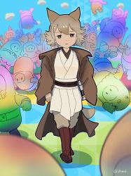 Rule 34 | absurdres, animal ears, beleven, closed mouth, coyote (kemono friends), fall guys, highres, kemono friends, kemono friends v project, obi-wan kenobi, shoes, star wars, tail, virtual youtuber, walking