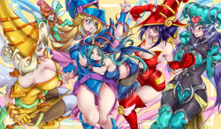Rule 34 | 6+girls, :o, angel wings, animahakim, apple magician girl, berry magician girl, blonde hair, blue eyes, blue hair, blush, boots, breast poke, breasts, chocolate magician girl, cleavage, collarbone, dark magician girl, demon wings, duel monster, elbow gloves, embarrassed, fairy wings, gloves, green eyes, grin, hat, horned hat, hug, jealous, kiwi magician girl, large breasts, large pectorals, lemon magician girl, long hair, looking at another, medium breasts, medium hair, multiple girls, open mouth, orange hair, pacifier, pectorals, poking, purple hair, red eyes, scepter, shaded face, simple background, smile, spandex, teeth, thighs, upper teeth only, very long hair, winged hat, wings, wizard hat, yellow background, yellow eyes, yu-gi-oh!, yuri