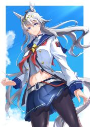 Rule 34 | 1girl, absurdres, ahoge, alternate costume, animal ears, artist name, black pantyhose, blue skirt, blue sky, border, breasts, choker, cleavage, clenched hand, closed mouth, collarbone, commentary request, cowboy shot, ear ornament, grey eyes, grey hair, hair ornament, hairband, highres, holding, horse ears, horse girl, horse tail, long hair, long sleeves, looking at viewer, luna (gkluna mas), medium breasts, midriff, multicolored hair, oguri cap (umamusume), outdoors, pantyhose, skirt, sky, smile, streaked hair, tail, tassel, umamusume, very long hair, white border