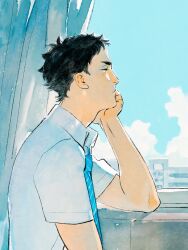 Rule 34 | 1boy, akaashi keiji, black hair, blue background, blue eyes, blue necktie, blue sky, chengongzi123, closed mouth, cloud, collared shirt, curtains, elbow rest, haikyuu!!, hand up, hashtag-only commentary, head rest, highres, looking outside, looking to the side, male focus, necktie, shirt, short hair, short sleeves, sky, striped necktie, upper body, very short hair, white shirt, window