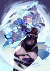 Rule 34 | 1girl, absurdres, blue hair, bodysuit, boots, breasts, cleavage, eula (genshin impact), genshin impact, headband, highres, holding, holding weapon, huge filesize, lemonpear, looking at viewer, medium breasts, see-through, snow, snowflakes, solo, sword, thick thighs, thigh boots, thighhighs, thighs, weapon