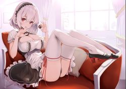 Rule 34 | 1girl, apron, ass, azur lane, backlighting, black dress, black footwear, blush, breasts, chocolate, choker, cleavage, collarbone, couch, cushion, dress, hair between eyes, hairband, high heels, highres, large breasts, leaning back, legs, looking at viewer, nylon (nylon 100%), panties, pantyshot, puffy sleeves, red eyes, red ribbon, ribbon, short hair, short sleeves, sirius (azur lane), sitting, solo, thighhighs, thighs, underwear, waist apron, white hair, white thighhighs, window