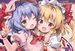 Rule 34 | 2girls, :d, absurdres, ahoge, arm up, ascot, bat wings, blonde hair, blouse, blue hair, fang, finger to cheek, flandre scarlet, grey background, hair between eyes, hand on another&#039;s arm, hat, hat ribbon, highres, hug, huge filesize, index finger raised, looking at viewer, mob cap, multiple girls, one eye closed, open hand, open mouth, pink shirt, polka dot, polka dot background, puffy short sleeves, puffy sleeves, red ascot, red eyes, red vest, remilia scarlet, ribbon, riichu, scan, shirt, short hair, short sleeves, siblings, side ponytail, simple background, sisters, smile, touhou, upper body, vest, wings, wrist cuffs, yellow ascot