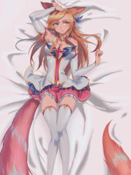 Rule 34 | 1girl, ahri (league of legends), alternate costume, alternate eye color, alternate hair color, alternate hairstyle, animal ears, bare shoulders, blush, boots, breasts, brown eyes, brown hair, cleavage, fox ears, fox girl, fox tail, hair ornament, highres, league of legends, long hair, lying, magical girl, medium breasts, on back, skirt, solo, star guardian (league of legends), star guardian ahri, tail, thigh boots, thighhighs