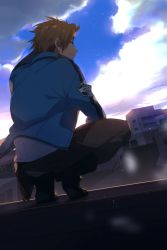 Rule 34 | 1boy, blue jacket, blue sky, boots, brown hair, building, cloud, day, dutch angle, echo (circa), from behind, jacket, jin yuuichi, light particles, long sleeves, male focus, pants, pants tucked in, shading eyes, short hair, sky, smile, solo, squatting, wind, world trigger