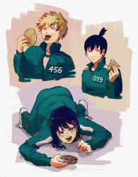 Rule 34 | 1girl, 2boys, black hair, blonde hair, chainsaw man, champi, collared shirt, cookie, crying, dalgona, denji (chainsaw man), food, green track suit, hair ornament, hairclip, hayakawa aki, higashiyama kobeni, highres, licking, looking at object, medium hair, multiple boys, nervous, on floor, popped collar, shirt, short hair, simple background, squid game, tears, tongue, tongue out, topknot, track suit, white background