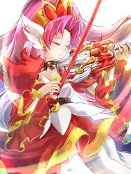 Rule 34 | 1girl, akagi towa, bow, bow (music), choker, clear glass (mildmild1311), closed eyes, cure scarlet, earrings, go! princess precure, highres, holding, holding instrument, holding violin, instrument, jewelry, long hair, magical girl, pink hair, pointy ears, precure, quad tails, red hair, red sleeves, smile, solo, very long hair, violin, waist bow, white background