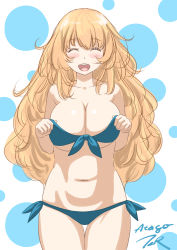Rule 34 | 1girl, artist name, atago (kancolle), bikini, blonde hair, blue bikini, breasts, character name, cleavage, collarbone, commentary request, cowboy shot, closed eyes, facing viewer, front-tie top, highres, kantai collection, large breasts, long hair, navel, open mouth, side-tie bikini bottom, smile, solo, swimsuit, t2r, thigh gap