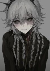 Rule 34 | 1boy, absurdres, androgynous, black sclera, blush, braid, colored sclera, grey background, grey hair, greyscale, hair between eyes, heart, heart-shaped pupils, highres, identity v, ithaqua (identity v), ithaqua (morningstar) (identity v), jiz (pffbq), long hair, looking at viewer, male focus, monochrome, multiple braids, pale skin, shaded face, sketch, smile, solo, symbol-shaped pupils, upper body