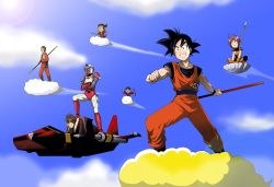 Rule 34 | cloud, crossover, dragon ball, dragonball z, flying nimbus, highres, journey to the west, monkey tail, polearm, sky, son goku, spear, spiked hair, sun wukong, tail, takaya n, trait connection, weapon