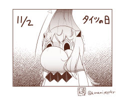 Rule 34 | 10s, collar, comic, commentary request, date pun, dated, horns, kantai collection, long hair, looking at viewer, monochrome, moomin, muppo, northern ocean princess, number pun, pantyhose, pantyhose on head, pointer, sazanami konami, tights day, translated, twitter username, upper body