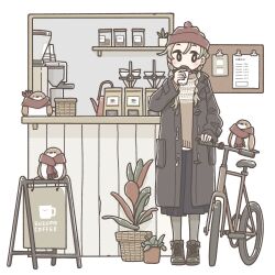 Rule 34 | 1girl, bicycle, bird, black footwear, boots, braid, brown hair, coat, cup, east sha2, highres, holding, holding cup, long hair, long sleeves, looking at viewer, original, plant, potted plant, solo, twin braids
